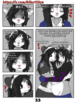 anthro black_eyes black_nose bodily_fluids clothing crying dialogue duo exclamation_point female fur gloves grey_body grey_fur handwear maid_uniform male pink_nose pregnant pregnant_anthro pregnant_female question_mark simple_background tears text uniform white_body white_fur allartskye evelyne_(allartskye) kia_(allartskye) american_opossum domestic_cat felid feline felis mammal marsupial comic english_text hi_res url