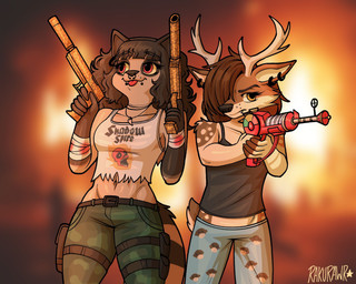 anthro bandage blep clothing cosplay duo female gun piercing ranged_weapon raygun tongue tongue_out weapon rakurawr nicole_(rakurawr) canid canine canis deer domestic_dog mammal procyonid raccoon raccoon_dog tanuki hi_res