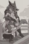 4_fingers 4_toes 5_fingers anthro bridge claws day detailed_background duo feet female fingers male nude outside sky smile tail toe_claws toes wolfy-nail hel_(shiretsuna) canid canine mammal sergal 2019 digital_media_(artwork) greyscale hi_res monochrome