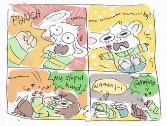 anthro clothed clothing dialogue grawlixes green_clothing green_sweater green_topwear long_ears male pattern_clothing pattern_sweater pattern_topwear striped_clothing striped_sweater striped_topwear stripes sweater text topwear mudkipful undertale undertale_(series) asriel_dreemurr boss_monster_(undertale) bovid caprine goat mammal 2016 comic english_text