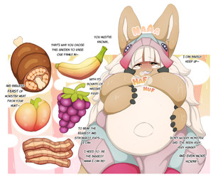 anthro bacon banana dialogue female food fruit grape meat overweight overweight_female plant pregnant pregnant_anthro pregnant_female solo text neo_geppetto made_in_abyss nanachi lagomorph leporid mammal narehate rabbit comic english_text hi_res