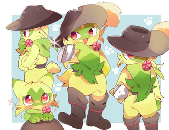 ambiguous_gender anthro black_clothing black_footwear black_shoes blush blush_lines cheek_tuft clothing cosplay cute_fangs facial_tuft fangs footwear fur green_body green_fur green_tail hat headgear headwear holding_object holding_weapon looking_at_viewer multiple_poses open_mouth pose red_eyes shoes short_tail simple_background solo tail teeth tuft watery_eyes weapon yupo_0322 nintendo pokemon felid feline floragato generation_9_pokemon mammal pokemon_(species) colored colored_sketch digital_drawing_(artwork) digital_media_(artwork) hi_res shaded sketch