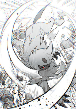 ambiguous_gender claws feet feral front_view fur hair horn looking_at_viewer red_eyes simple_background solo tail toes white_body white_fur white_hair tenebscuro nintendo pokemon white_fang_(tenebscuro) absol generation_3_pokemon pokemon_(species) 2026 digital_drawing_(artwork) digital_media_(artwork) hi_res monochrome spot_color