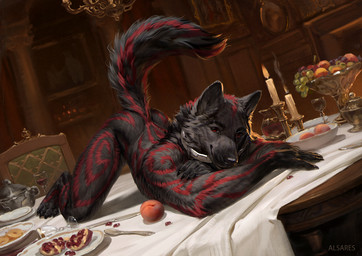 alcohol ambiguous_gender anthro ass_up athletic athletic_ambiguous athletic_anthro beverage black_body black_fur bowl candle chair chandelier classy container cup cutlery dinner drinking_glass fire fluffy fluffy_tail food fruit fur furniture glass glass_container glass_cup inside kitchen_utensils knife looking_at_viewer nude nude_ambiguous nude_anthro on_table peach_(fruit) plant plate red_body red_eyes red_fur smile smiling_at_viewer smoke solo spoon suggestive_pose table tablecloth tail tools wine wine_glass alsares omega_wolf_(soulwolven) canid canine canis mammal wolf 2025