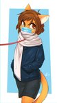 2020 alec8ter anthro cassidy_(alec8ter) clothed clothing conditional_dnp felid feline hi_res leash looking_at_viewer male mammal mask medical_instrument scarf scientific_instrument simple_background solo surgical_mask tagme