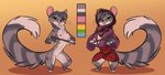 anthro axe breasts clothed clothing featureless_crotch felling_axe female fluffy fluffy_tail front_view fully_clothed fur grey_body grey_fur holding_object hood looking_at_viewer melee_weapon nipples nude off/on solo standing tail weapon siroc genet mammal viverrid 2019 model_sheet