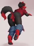 anthro anus backsack balls bent_over bottomwear bottomwear_down butt clothed clothing femboy genitals looking_at_viewer looking_back male pants pants_down partially_clothed simple_background smile solo tongue tongue_out andreia-chan canid canine canis mammal wolf hi_res