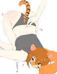 2020 ass_up blush clothing dialogue disembodied_hand duo felid female fur growth hair hi_res japanese_text kaneru mammal pantherine raaggu shirt simple_background solo_focus tail tail_growth tank_top text tiger topwear transformation underwear white_background