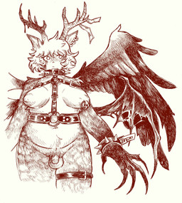 anthro antlers areola balls bandaged_antler bangs belly big_areola big_breasts blood_on_antler bracelet breasts circumcised claws collar ear_piercing ear_ring feathered_wings feathers flaccid front_view genitals glans gynomorph harness harness_only horn intersex jewelry leather leather_harness long_claws looking_aside medium_hair membrane_(anatomy) membranous_wings mostly_nude_anthro mostly_nude_gynomorph navel nipple_piercing nipple_ring nipples one_nipple_pierced overweight penis piercing pubes ring_piercing simple_background small_penis solo spiked_bracelet spiked_collar spikes standing thigh_belt white_background wings hotchickhell deer hybrid mammal hi_res monochrome portrait three-quarter_portrait