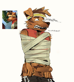 accessory anthro balls bdsm bondage bottomwear bottomwear_down bound clothed clothing dialogue erection foreskin fur genitals hair headband humanoid_genitalia humanoid_penis male pants pants_down partially_clothed partially_retracted_foreskin penis pubes simple_background solo tail text topwear bunnbnui dreamworks forgotten_island raww_(forgotten_island) canid canine canis domestic_dog mammal digital_media_(artwork) english_text hi_res