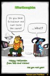 anthro broom chair cleaning_tool clothing computer costume dialogue drawing_in_a_drawing drawing_tablet electronics furniture halloween_costume holiday_message holidays jack-o'-lantern laptop male male_anthro on_chair simple_background sitting sitting_on_chair size_difference text white_background thekinkybear halloween bax_(monkeydbax) karou_(thekbear) absurd_res comic english_text hi_res