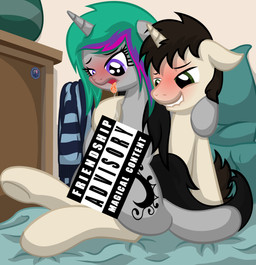 bodily_fluids brown_hair censor_bar clothing duo female hair horn male purple_eyes saliva sweater topwear template93 hasbro my_little_pony mythology fan_character equid equine mammal mythological_creature mythological_equine unicorn censored hi_res source_request parent_(lore)