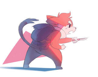 ambiguous_gender angry anthro backpack biped fur hair knife multicolored_body multicolored_fur open_mouth paws raised_tail short_hair solo standing tail itsdanfango luke_(littleforestna) canid canine mammal 2019 hi_res
