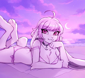 4_toes anthro barefoot beach beach_towel bikini breasts chest_tuft choker cleavage clothed clothing crescent_moon feet female fur hair head_on_hand jewelry looking_at_viewer lying moon necklace off-shoulder_top on_front paws pink_eyes pink_hair sea side-tie_bikini soles solo string_bikini sunset swimwear toes towel tuft two-piece_swimsuit water white_body white_fur 3rdperson_iz bean_mel bean_(bean_mel) lagomorph leporid mammal rabbit hi_res