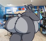 anthro butt clothes_hanger clothing clothing_store male nude shirt shopping solo store t-shirt topwear snuggydoug lordultra alien deity lagomorph leporid mammal rabbit hi_res