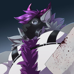 anthro black_harness blood bodily_fluids chest_tuft fur gas_mask gradient_background grey_body grey_fur hair harness holding_object holding_weapon horn male mask overweight overweight_anthro overweight_male purple_hair purple_horn simple_background solo tuft weapon wearing_mask white_body white_fur solaxe_(artist) lesterhusky 1:1 bust_portrait icon portrait