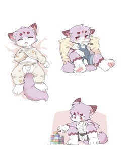 anthro balls blush bottomwear casual_exposure clothing crotch_cutout crotchless_clothing cutout flaccid food foreskin fur genitals ineffective_clothing male overalls pajamas penis popsicle popsicle_in_mouth purple_body purple_fur red_eyes shirt shorts simple_background sitting sleeping solo t-shirt tank_top topwear white_background white_body white_fur young young_anthro young_male lang_yus canid canine fox mammal colored hi_res