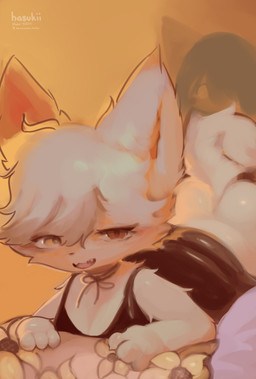 3_fingers afternoon anthro bangs bed black_clothing black_dress black_nose blush breasts butt choker cleavage clothed clothing dress duo eyelashes female fingers floral_print fluffy fluffy_ears fluffy_tail fur furniture hair heterochromia jewelry kemono looking_at_viewer necklace one_eye_obstructed open_mouth pillow red_eyes short_hair tail tan_body tan_ears tan_fur tan_tail teeth tongue yellow_eyes hasukii hazuki_mikami_(hasukii) canid canine mammal hi_res watermark