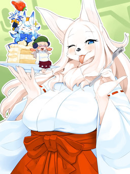 4_fingers alcohol anthro asian_clothing beverage big_breasts black_nose blush breasts cake chibi claws clothed clothing cutlery dessert east_asian_clothing female female_anthro finger_claws fingers fluffy food fork fur hair happy holding_object huge_breasts japanese_clothing kemono kitchen_utensils long_hair mature_anthro mature_female miko_outfit neck_tuft one_eye_closed plate shrine_maiden smile smiling_at_viewer solo tongue tongue_out tools tuft white_body white_fur white_hair kame_3 samoyed-chan_(kishibe) canid canine canis domestic_dog mammal nordic_sled_dog samoyed spitz 2021 absurd_res hi_res