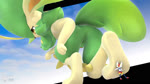 ambiguous_gender anthro black_bars butt duo fur green_body green_fur hair hiding kneeling laugh logo long_ears low-angle_view micro multicolored_body multicolored_fur oblivious on_one_knee outside paws red_body ruff size_difference sky tail tail_motion tailwag text two_tone_body two_tone_fur white_body worried yellow_body yellow_eyes ovis_wooloo nintendo palworld pocketpair pokemon cinderace generation_8_pokemon lagomorph leporid mammal pal_(species) pokemon_(species) rabbit verdash 16:9 2025 3d_(artwork) 3d_animation animated artist_logo artist_name blender_(artwork) crossover digital_media_(artwork) hi_res short_playtime sound webm widescreen