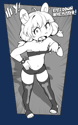 animal_ears anthro areola biped bottomwear breasts camel_toe clothed clothing collar dialogue ear_piercing eyelashes female fur genital_outline hair legwear loli navel nipple_outline nipples piercing pupils shorts small_breasts solo spiked_collar spikes text thick_thighs thigh_highs topwear vulva_outline young young_anthro sicmop molly_(sicmop) bear mammal 2026 5:8 absurd_res alpha_channel hi_res monochrome