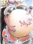 anthro big_breasts breasts brick_wall clothing female heart_eyes heart_symbol holding_belly hyper hyper_pregnancy latex latex_clothing latex_legwear latex_topwear legwear magical_tattoo navel open_mouth orange_body outie_navel pregnant red_body sky solo topwear wall_(structure) kosmic_dreamer iris_(kosmic_dreamer) reptile scalie snake absurd_res hi_res story story_in_description traditional_media_(artwork)