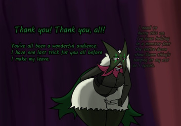 anthro breasts clothing collared_shirt dialogue fangs female fur green_body green_fur implied_fart mask open_mouth pink_eyes pink_nose shirt solo stage teeth text thick_thighs topwear vest wide_hips yikki nintendo pokemon rosaria_(yikki) generation_9_pokemon meowscarada pokemon_(species) 2025 digital_drawing_(artwork) digital_media_(artwork) english_text