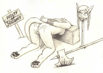 anthro anus axe bent_over blood bodily_fluids bound breasts butt corpse cum cum_drip cum_from_vagina cum_in_ass cum_in_vagina cum_inside cum_on_butt cum_on_face cum_splatter cum_string death decapitation dripping execution female female_death fingers fur genital_fluids genitals gore hair half-closed_eyes hands_behind_back hands_tied hands_tied_behind_back head_impalement head_on_stake impalement leaking_cum narrowed_eyes nude rope saliva saliva_string severed_body_part severed_head sign simple_background snuff solo tail teeth text tongue tongue_out vulva weapon meowmere domestic_cat felid feline felis mammal norwegian_forest_cat absurd_res english_text hi_res monochrome