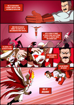 blood bodily_fluids cape clapping clothing detective_hat duo fangs female flying group hell male open_mouth red_eyes teeth text kato777 hazbin_hotel hellaverse image_comics invincible_(image_comics) charlie_morningstar lucifer_(hazbin_hotel) niffty_(hazbin_hotel) omni-man vaggi_(hazbin_hotel) alien alien_humanoid angel angel_humanoid demon demon_humanoid humanoid viltrumite absurd_res comic english_text hi_res