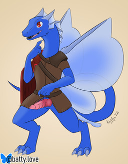 biped blue_body blue_scales cape claws clothing erection genitals knot knotted_penis male penis red_eyes scales simple_background teeth wings kerilyn mythology paizo pathfinder dragon dragonet mythological_creature mythological_scalie scalie 2026 signature