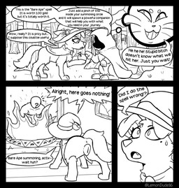 ambiguous_gender animal_genitalia animal_vulva canine_genitalia canine_vulva clothed clothed_feral clothing detailed_background dialogue duo female feral fire forest genitals magic male plant profanity summoning_circle talking_feral text tree vulva lemondude anon canid canine human mammal comic english_text hi_res monochrome