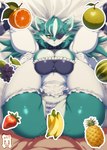 :< anthro bed big_breasts bodily_fluids bottomwear breasts camera_view cleavage clothed clothing clothing_aside collar cum cum_between_breasts cum_on_face curvy_figure eye_patch eyewear female footwear fur furniture genital_fluids amakuchi in_heat_(game) ari_(in_heat) canid canine canis mammal wolf hi_res