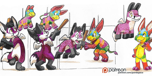 anthro black_body black_fur black_hair dipstick_tail duo featureless_crotch fur glistening glistening_eyes green_body green_fur hair head_tuft male markings nude open_mouth pinata purple_body purple_fur red_body red_fur short_hair simple_background sparklefur standing tail tail_markings text tuft white_background yellow_body yellow_eyes yellow_fur young young_anthro young_male pandapaco mythology asinus donkey dragon equid equine furred_dragon furred_scalie mammal mythological_creature mythological_scalie scalie hi_res url