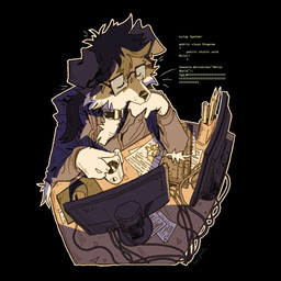 anthro beverage black_nose cable clothed clothing coffee collar eyes_closed eyewear fur glasses grey_body grey_fur keyboard male monitors mousepad paper programming simple_background solo text white_body white_fur serpent_x canid canine canis domestic_dog mammal 1:1 english_text