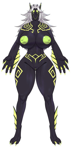 anthro areola big_breasts biped black_body breasts claws female fin genitals hair looking_at_viewer markings nipples non-mammal_breasts non-mammal_nipples nude simple_background solo standing thick_thighs toe_claws vulva wide_hips kissxmaker aquatic eel fish 2025 absurd_res hi_res