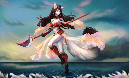 anthro armor black_body black_fur black_hair black_nose breasts butt butt_pose dancing dreadlocks fabric female flower fur hair lake lance long_hair long_tail magic melee_weapon plant polearm pose river solo tail warrior water weapon wind yellow_eyes conditional_dnp sadbitch canid canine canis mammal wolf absurd_res hi_res