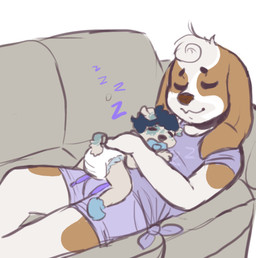 ambiguous_gender anthro clean_diaper clothed clothing daww diaper diaper_only dipstick_ears dipstick_tail duo ear_markings fur furniture hair lying markings multicolored_ears neonate object_in_mouth pacifier pacifier_in_mouth shirt sleeping sleeping_together sofa sound_effects tail tail_markings topless topwear vowelless vowelless_sound_effect wearing_diaper young young_anthro zzz monsterbunny gally_(monsterbunny) canid canine canis domestic_dog mammal archived_source digital_drawing_(artwork) digital_media_(artwork)