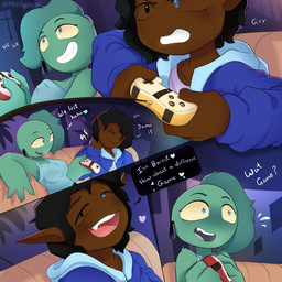 angry anthro black_eyes black_hair blue_eyes bra_through_clothing breasts cleavage clenched_teeth clothed clothing controller dark_body dark_skin dialogue ear_piercing ear_ring female female_anthro furniture game_controller gaming green_body green_hair hair heart_symbol heterochromia humanoid_pointy_ears jacket male male_humanoid on_sofa pain_stars piercing playing_video_game pointy_ears ring_piercing shirt sitting sitting_on_sofa sofa speech_bubble suggestive_dialogue teeth text tight_clothing tight_shirt tight_topwear topwear yellow_sclera phosenpai pholi humanoid lagomorph leporid mammal rabbit 1:1 2025 comic english_text hi_res