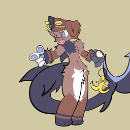 anchor anthro blue_eyes clothing ear_piercing fluffy fur gesture hair hand_gesture hat headgear headwear holding_object male multicolored_body multicolored_fur open_mouth piercing pointing shark_fin shark_tail simple_background solo tail teeth text foxiusrahhh aquatic canid canine canis domestic_dog fish mammal shark 1:1 digital_media_(artwork) hi_res