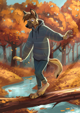 4_toes 5_fingers anthro autumn balancing barefoot bottomwear brown_body brown_fur claws clearing clothing creek detailed_background feet fingers forest fur hoodie light light_beam log male pants plant plantigrade semi-anthro solo sunbeam sunlight toes topwear tree tree_trunk walking water wood multyashka-sweet fray_(baluti) canid canine canis domestic_dog german_shepherd herding_dog mammal pastoral_dog 2020 hi_res signature