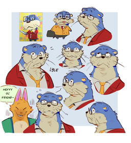 anthro black_eyes blep blue_body blue_fur bodily_fluids cheek_tuft chest_tuft clothing duo eyebrows eyes_closed eyewear facial_tuft freckles fur glasses hair jacket looking_at_viewer looking_up male multiple_expressions neck_tuft necktie nervous orange_body orange_fur pink_inner_ear pointy_ears round_ears sharp_tooth side_eye smile speech_bubble surprised sweat sweatdrop tan_body tan_fur text tired tired_eyes tongue tongue_out topwear tuft whiskers worried krunnnnnch animal_crossing nintendo crazy_redd lyle_(animal_crossing) canid canine fox mammal mustelid otter river_otter 2025 digital_media_(artwork) english_text reference_image