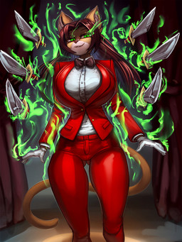 anthro big_breasts bite biting_lip biting_own_lip bow_tie breasts brown_body brown_fur brown_hair business_suit butt butt_from_the_front clothing female fur gloves glowing glowing_eyes green_eyes hair handwear levitation looking_at_viewer melee_weapon red_clothing red_curtains self_bite smile solo stage suit sword telekinesis weapon white_clothing white_gloves white_handwear general-irrelevant valese_(violetto_valentine) domestic_cat felid feline felis mammal 2023 3:4 digital_media_(artwork) hi_res