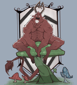 abs anthro curved_horn fluffy fluffy_tail fungus fur fur_tuft grey_background hooved_toes hooves horn hunched_over looking_at_viewer male muscular muscular_male mushroom nipples pecs pubes red_body red_fur sharp_teeth simple_background sitting smile smiling_at_viewer solo tail teeth tuft white_eyes ryanburr don't_starve klei_entertainment wortox bovid caprine caprine_demon demon goat_demon imp mammal hi_res