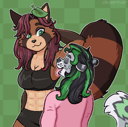 abs ambiguous_gender anthro armpit_fetish armpit_lick armpit_play breasts duo female green_eyes hair hair_over_eye licking muscular muscular_female piercing tail tail_motion tailwag tongue grumpyfart bakushin_armpit_gif canid canine felid mammal pantherine raccoon_dog snow_leopard animated hi_res loop