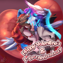 animal_genitalia animal_penis anniversary anthro anthro_on_anthro areola balls beak bed bedroom_eyes blue_areola blue_body blue_nipples bodily_fluids breasts canine_genitalia canine_penis claws clothed clothing crossdressing crossdressing_male cuddling dripping duo erection feathers female femboy fur furniture fuzzy_balls genital_fluids genitals glowing glowing_hair glowing_markings glowing_nipples glowing_ribbons hair happy heart_bed holidays inner_ear_fluff knot knotted_penis large_wings legwear lingerie looking_at_another looking_at_partner looking_pleasured lying male male/female markings narrowed_eyes neck_tuft nipples on_bed partners penis precum precum_drip red_markings relationship ribbons seductive smile tail text thick_fur thick_thighs translucent translucent_clothing translucent_lingerie tuft white_clothing white_lingerie wings nyarii nintendo pokemon valentine's_day plague_worldshield_(plagueworldshield) zorro_(valdusaetherius) avian bird canid canine corvid corvus_(genus) crow fox generation_5_pokemon mammal oscine passerine pokemon_(species) zoroark 1:1 digital_media_(artwork) hi_res nonbinary_(lore)