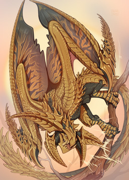 ambiguous_gender branch claws feet feral front_view horn looking_at_viewer outside scales solo tail teeth toes tongue wings yellow_body inno-sjoa capcom monster_hunter flying_wyvern rey_dau 2026 digital_drawing_(artwork) digital_media_(artwork) hi_res signature