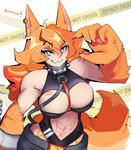 abs big_breasts big_hands black_clothing black_collar black_leotard blue_eyes bottomwear breasts clothed clothed_female clothed_humanoid clothing collar cuff_(restraint) cutout ear_piercing female fluffy fluffy_tail fur hair leotard long_hair looking_at_viewer muscular muscular_female muscular_humanoid orange_body orange_fur orange_hair pants pawpads piercing pink_pawpads restraints scar shackles solo spiked_collar spikes tail text zinnick mythology vchiban vtuber buffpup animal_humanoid canid canid_humanoid canine canine_humanoid humanoid mammal mammal_humanoid mythological_canine mythological_creature were werecanid werecanine werewolf 2024 english_text hi_res