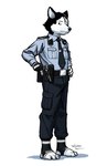 5_fingers anthro blue_clothing blue_shirt blue_topwear camera camera_on_body clothing duty_belt electronics fingerless_gloves fingers gloves gun handgun handwear male necktie pistol police police_belt police_officer police_uniform ranged_weapon shirt simple_background solo topwear uniform walkie-talkie weapon white_background tonyhsq tony_(tonyhsq) canid canine canis domestic_dog husky mammal nordic_sled_dog spitz 2022 hi_res signature