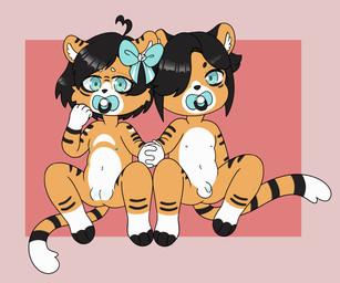 accessory anthro balls black_hair bow_(feature) bow_accessory bow_ribbon clitoris duo female flaccid flat_chested foreskin fur genitals green_eyes hair hair_accessory hair_bow hair_ribbon hand_holding male navel nipples nude orange_body orange_fur pacifier penis ribbons spread_legs spreading toddler vulva young young_anthro cubcore felid mammal pantherine tiger hi_res brother_(lore) brother_and_sister_(lore) sibling_(lore) sister_(lore) twins_(lore)