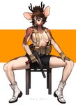 anthro antlers big_breasts big_ears blue_eyes bottomwear breasts brown_hair chair clothed clothing combat_gear combat_gloves female furniture gloves gun hair handwear holding_gun holding_object holding_ranged_weapon holding_weapon horn looking_at_viewer mp7 ranged_weapon shorts simple_background sitting solo spread_legs spreading submachine_gun topless trigger_discipline weapon pgm300 cervine deer mammal absurd_res digital_media_(artwork) hi_res shaded signature